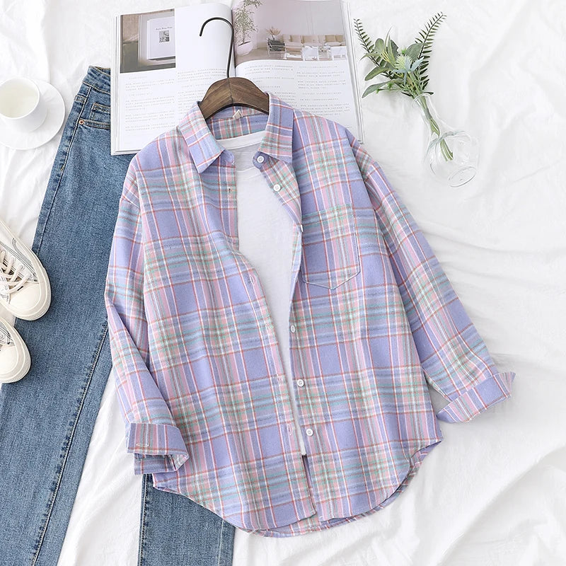 2025 Spring Loose Casual Womens Plaid Shirt Fresh College Style Long Sleeve Blouses And Tops Female Flannel Checked Clothes