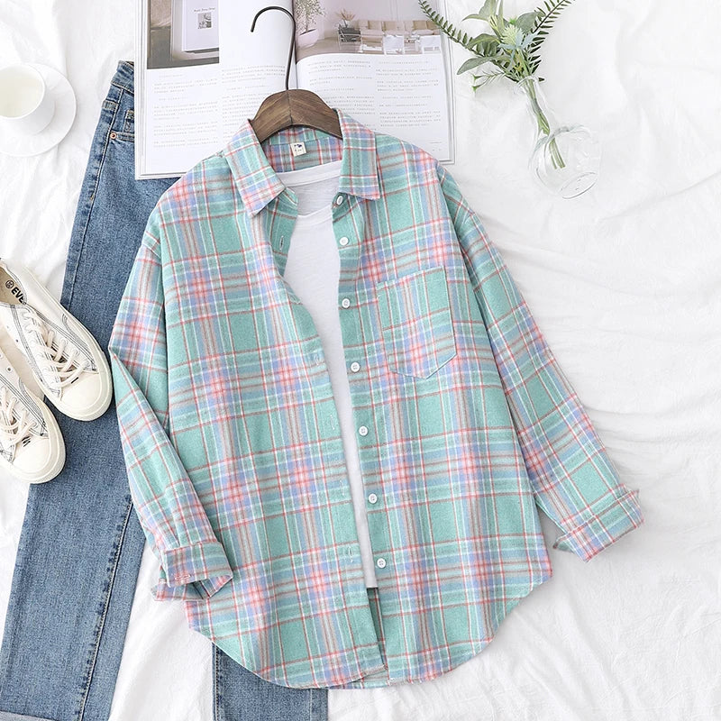 2025 Spring Loose Casual Womens Plaid Shirt Fresh College Style Long Sleeve Blouses And Tops Female Flannel Checked Clothes