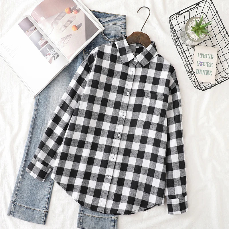 2025 Spring Loose Casual Womens Plaid Shirt Fresh College Style Long Sleeve Blouses And Tops Female Flannel Checked Clothes