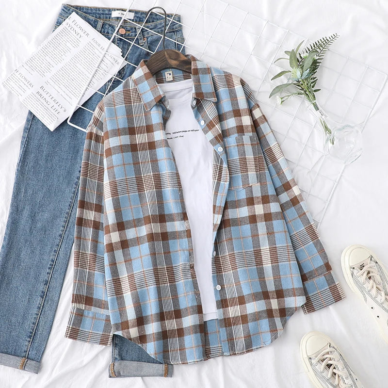 2025 Spring Loose Casual Womens Plaid Shirt Fresh College Style Long Sleeve Blouses And Tops Female Flannel Checked Clothes