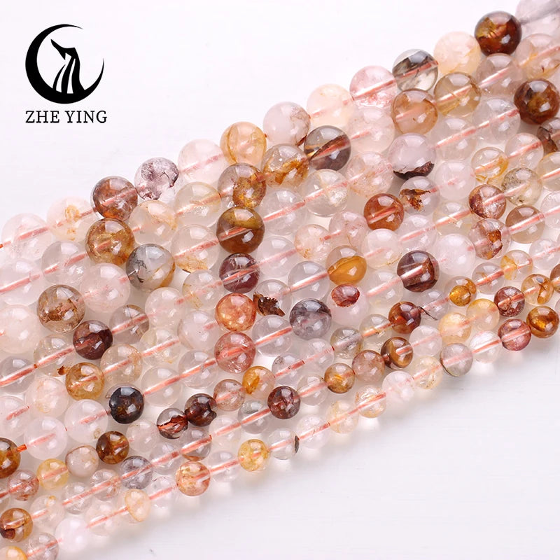 Natural Hematoid Crystal Quartz Beads Round Smooth Gemstone Beads for Jewelry Making Bracelet DIY Accessories