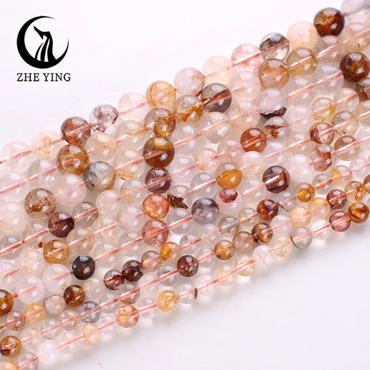 Natural Hematoid Crystal Quartz Beads Round Smooth Gemstone Beads for Jewelry Making Bracelet DIY Accessories