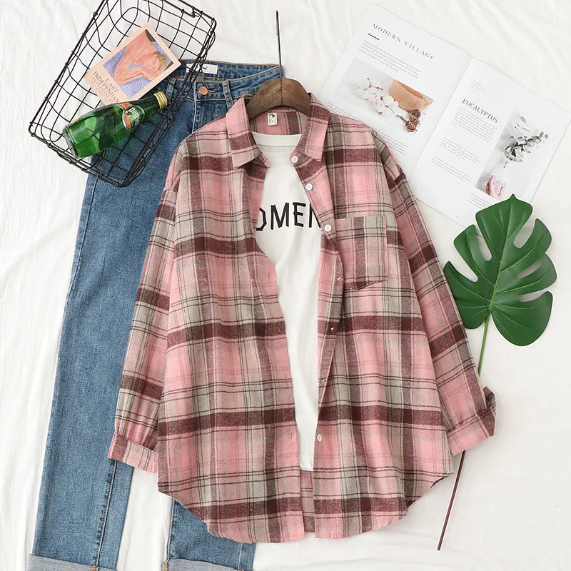2025 Spring Loose Casual Womens Plaid Shirt Fresh College Style Long Sleeve Blouses And Tops Female Flannel Checked Clothes