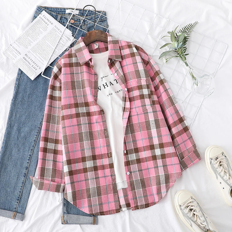 2025 Spring Loose Casual Womens Plaid Shirt Fresh College Style Long Sleeve Blouses And Tops Female Flannel Checked Clothes
