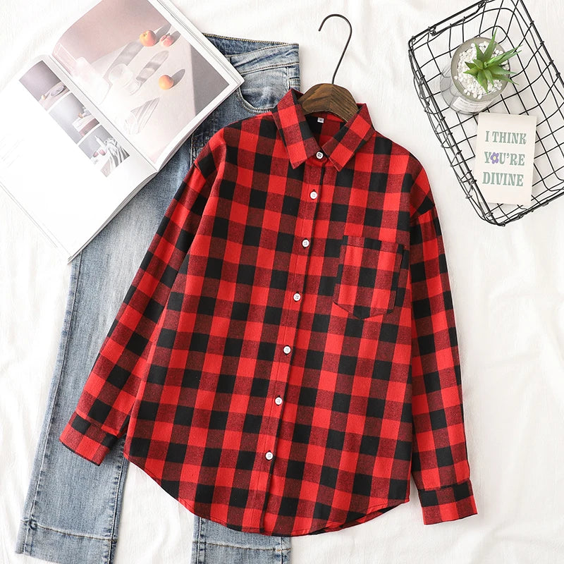2025 Spring Loose Casual Womens Plaid Shirt Fresh College Style Long Sleeve Blouses And Tops Female Flannel Checked Clothes