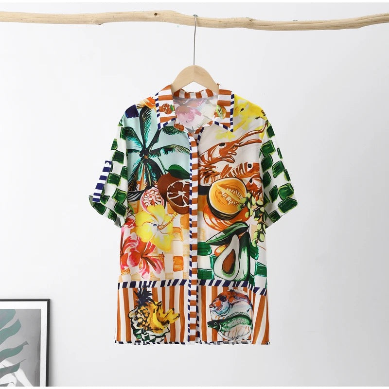 Vintage Print Wide Leg Pants Suit