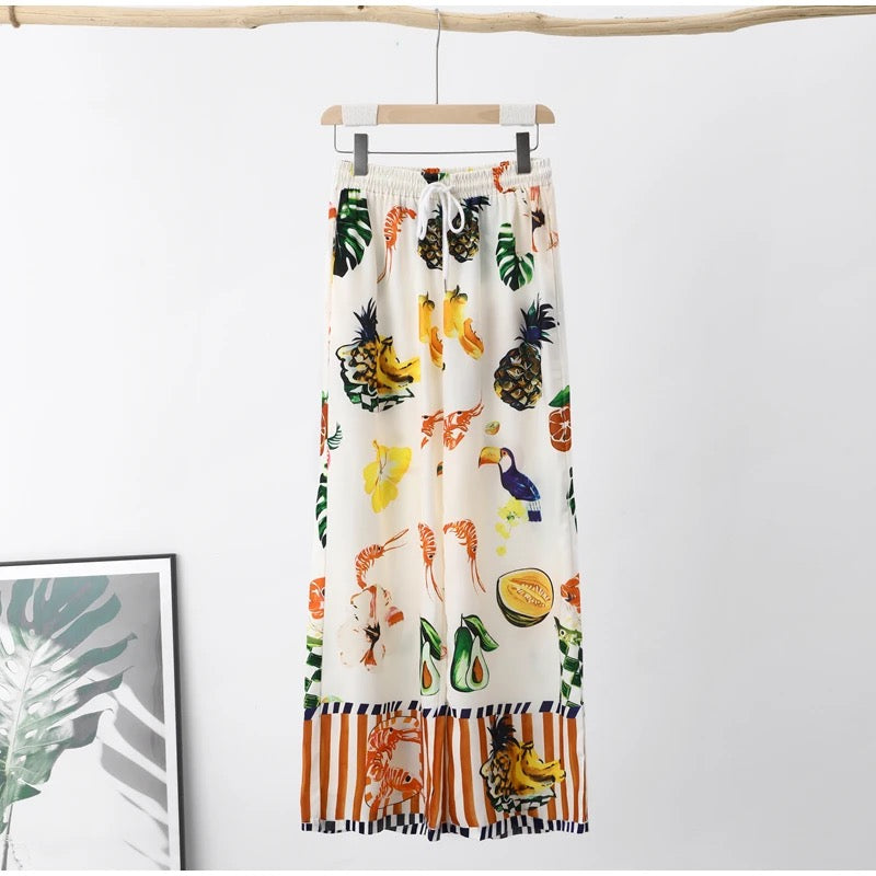 Vintage Print Wide Leg Pants Suit