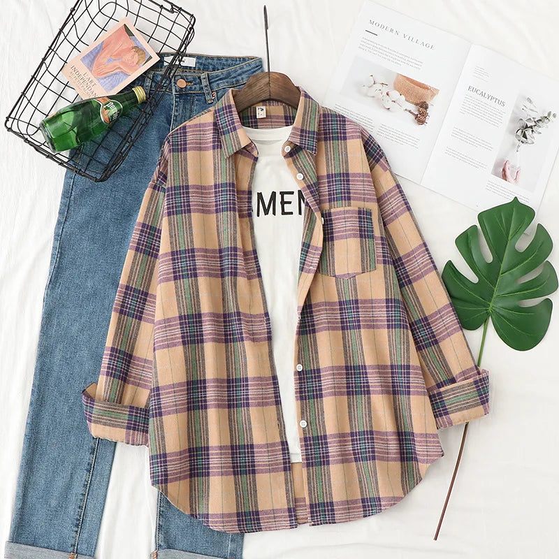 2025 Spring Loose Casual Womens Plaid Shirt Fresh College Style Long Sleeve Blouses And Tops Female Flannel Checked Clothes