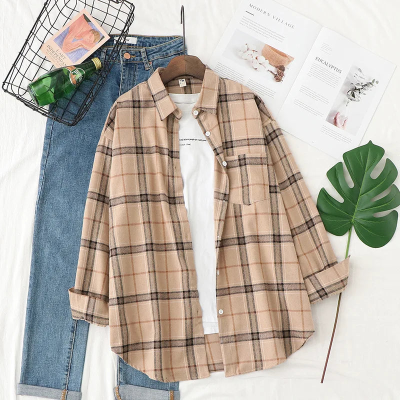 2025 Spring Loose Casual Womens Plaid Shirt Fresh College Style Long Sleeve Blouses And Tops Female Flannel Checked Clothes