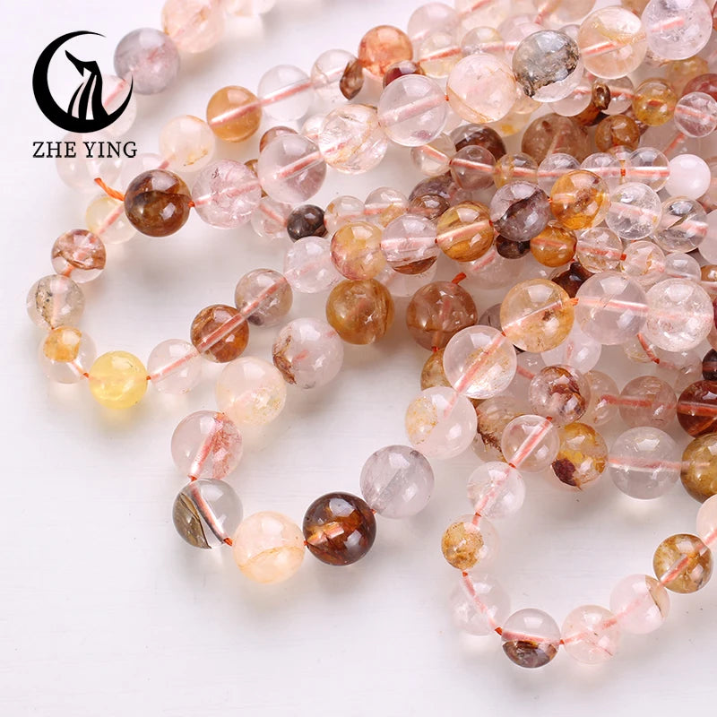 Natural Hematoid Crystal Quartz Beads Round Smooth Gemstone Beads for Jewelry Making Bracelet DIY Accessories