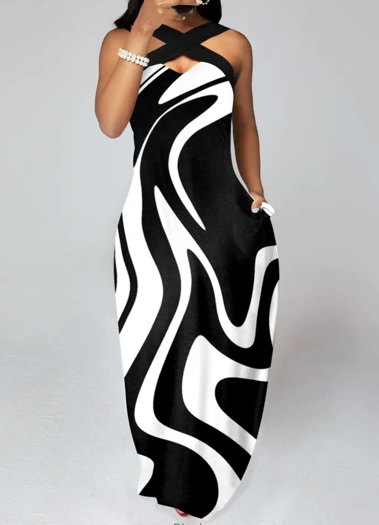 Elegant Off The Shoulder Geometric Print Maxi Dress