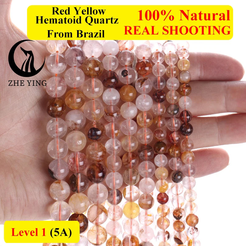 Natural Hematoid Crystal Quartz Beads Round Smooth Gemstone Beads for Jewelry Making Bracelet DIY Accessories