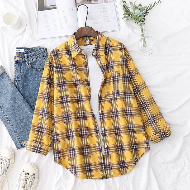2025 Spring Loose Casual Womens Plaid Shirt Fresh College Style Long Sleeve Blouses And Tops Female Flannel Checked Clothes