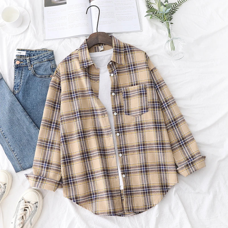 2025 Spring Loose Casual Womens Plaid Shirt Fresh College Style Long Sleeve Blouses And Tops Female Flannel Checked Clothes