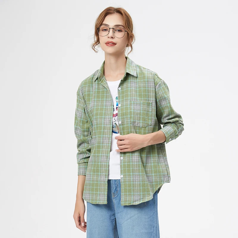 2025 Spring Loose Casual Womens Plaid Shirt Fresh College Style Long Sleeve Blouses And Tops Female Flannel Checked Clothes