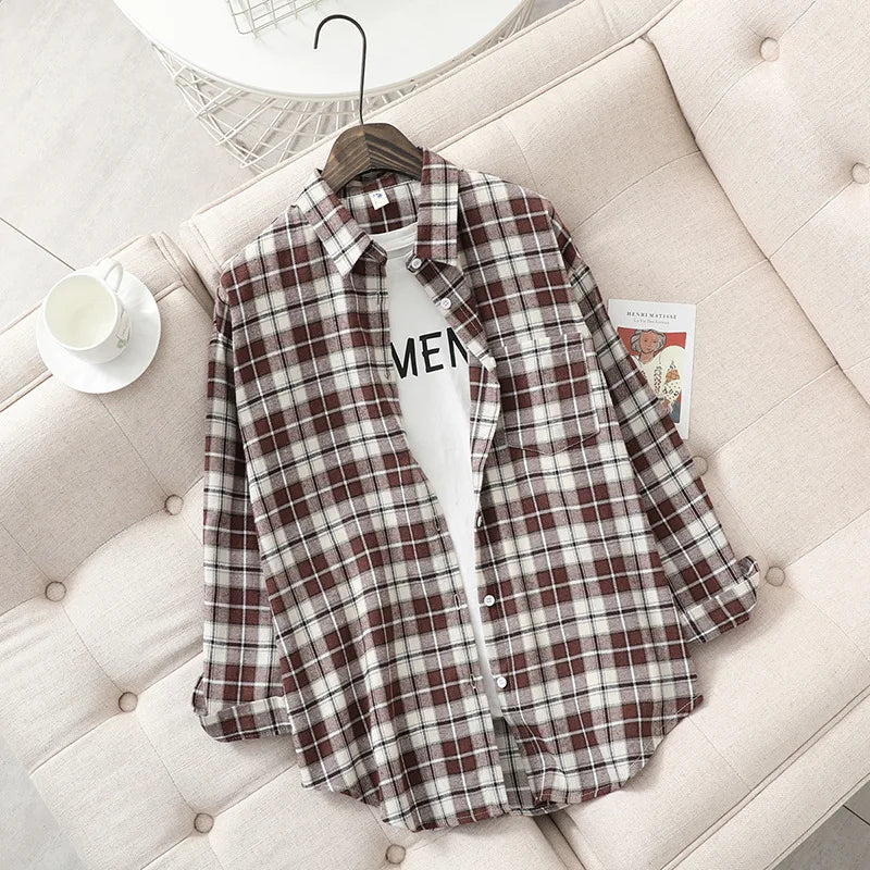 2025 Spring Loose Casual Womens Plaid Shirt Fresh College Style Long Sleeve Blouses And Tops Female Flannel Checked Clothes
