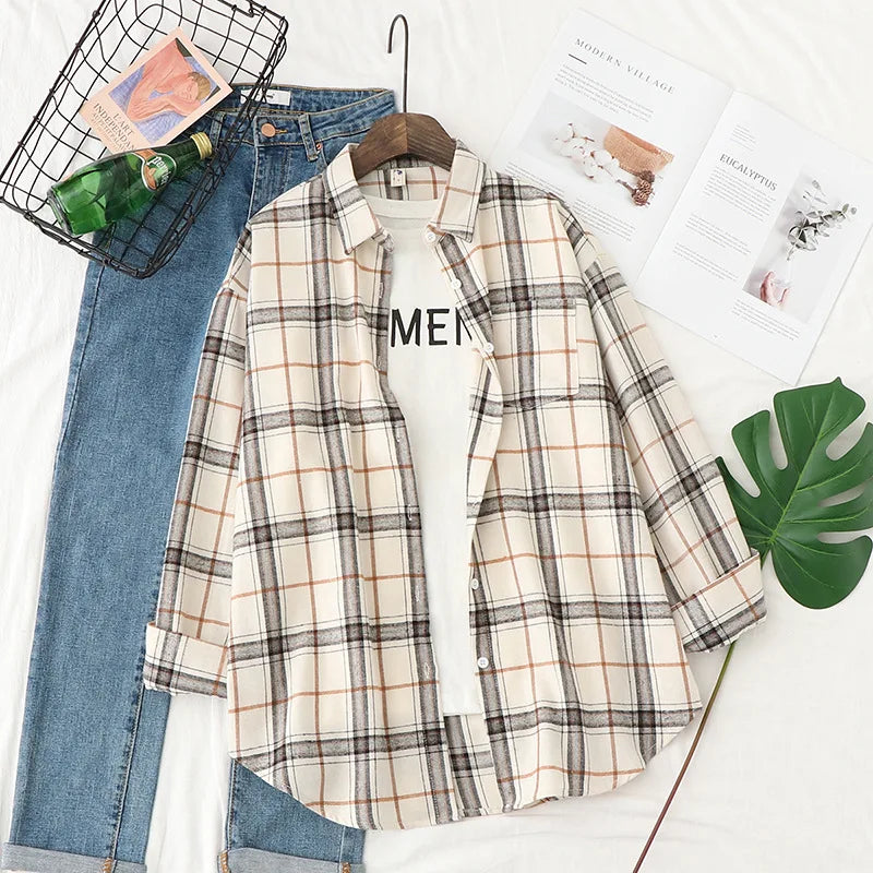 2025 Spring Loose Casual Womens Plaid Shirt Fresh College Style Long Sleeve Blouses And Tops Female Flannel Checked Clothes