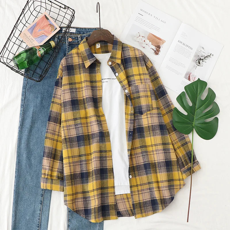2025 Spring Loose Casual Womens Plaid Shirt Fresh College Style Long Sleeve Blouses And Tops Female Flannel Checked Clothes