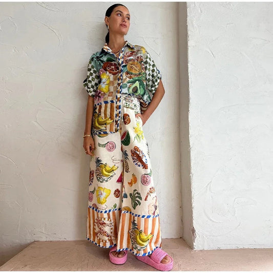Vintage Print Wide Leg Pants Suit