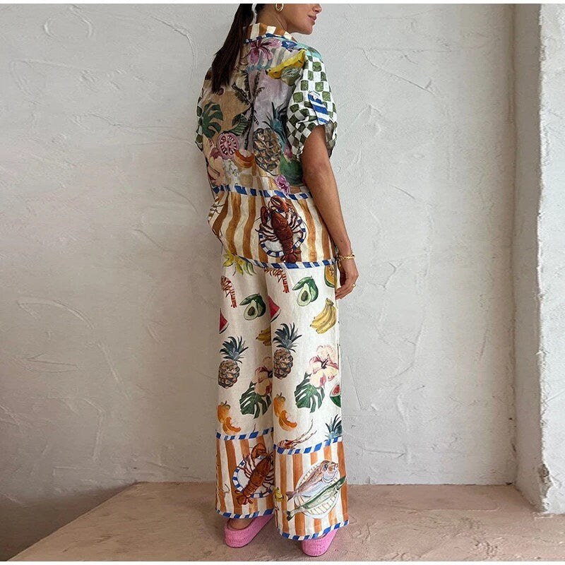 Vintage Print Wide Leg Pants Suit