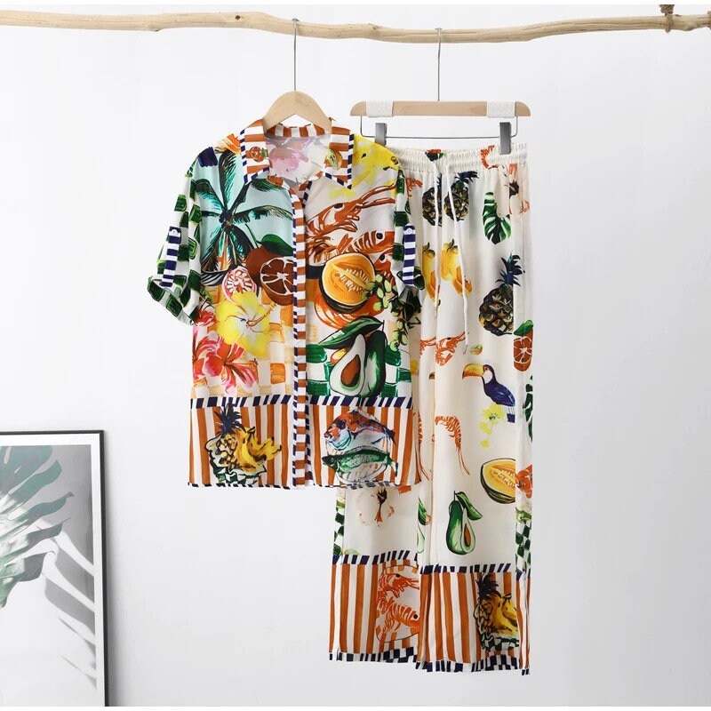 Vintage Print Wide Leg Pants Suit