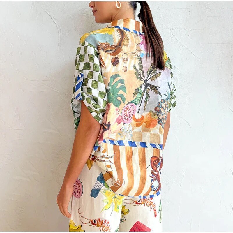 Vintage Print Wide Leg Pants Suit