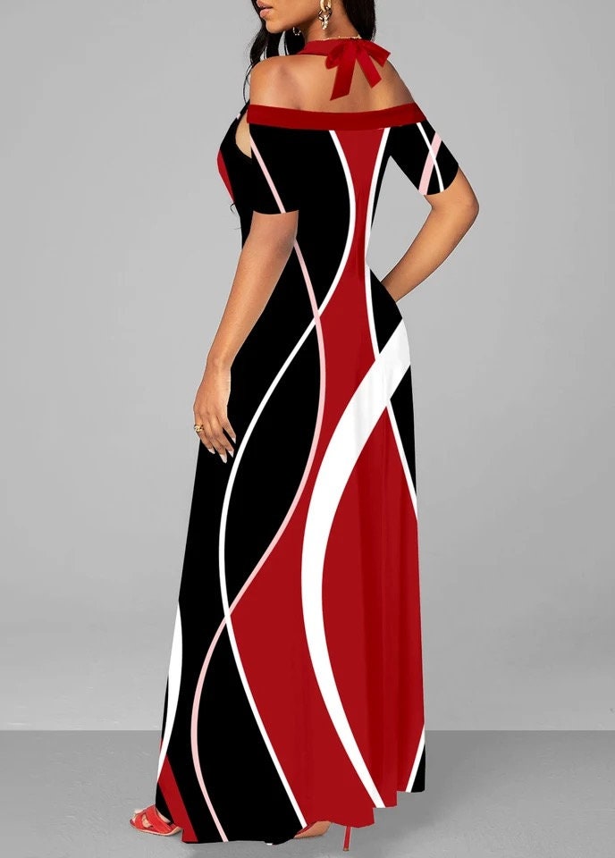 Elegant Off The Shoulder Geometric Print Maxi Dress