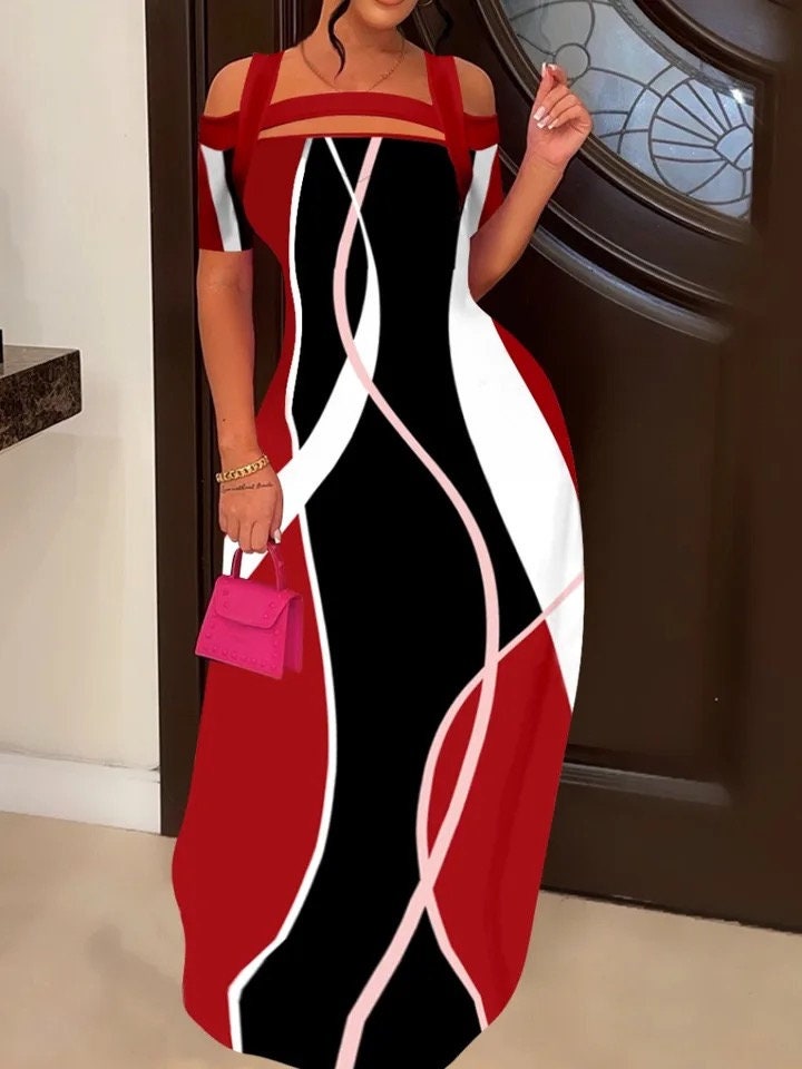 Elegant Off The Shoulder Geometric Print Maxi Dress