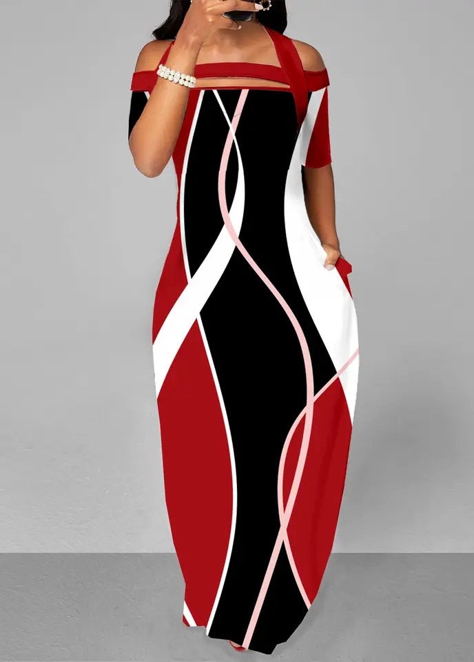 Elegant Off The Shoulder Geometric Print Maxi Dress