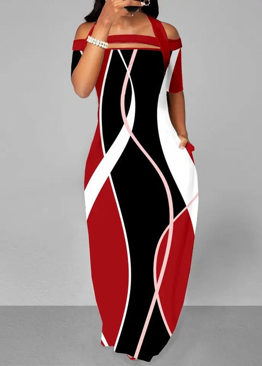 Elegant Off The Shoulder Geometric Print Maxi Dress