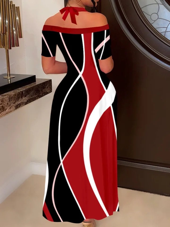 Elegant Off The Shoulder Geometric Print Maxi Dress