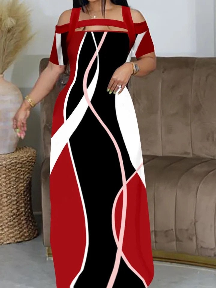 Elegant Off The Shoulder Geometric Print Maxi Dress