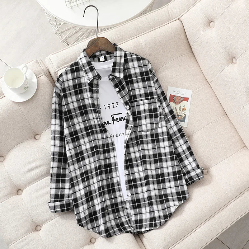 2025 Spring Loose Casual Womens Plaid Shirt Fresh College Style Long Sleeve Blouses And Tops Female Flannel Checked Clothes