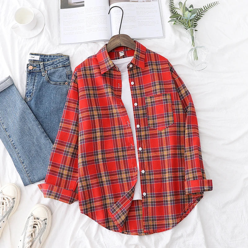 2025 Spring Loose Casual Womens Plaid Shirt Fresh College Style Long Sleeve Blouses And Tops Female Flannel Checked Clothes