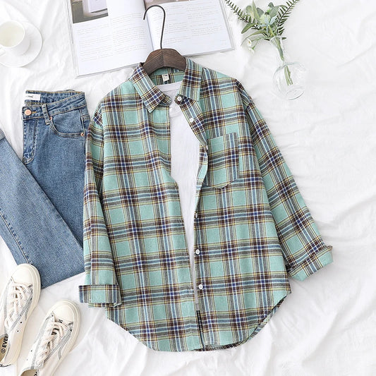 2025 Spring Loose Casual Womens Plaid Shirt Fresh College Style Long Sleeve Blouses And Tops Female Flannel Checked Clothes