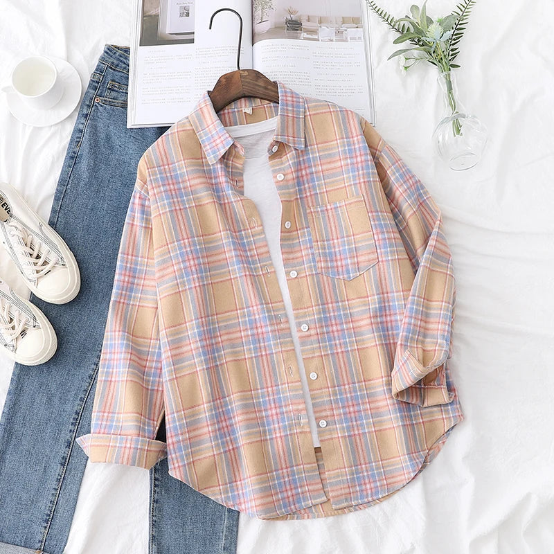 2025 Spring Loose Casual Womens Plaid Shirt Fresh College Style Long Sleeve Blouses And Tops Female Flannel Checked Clothes