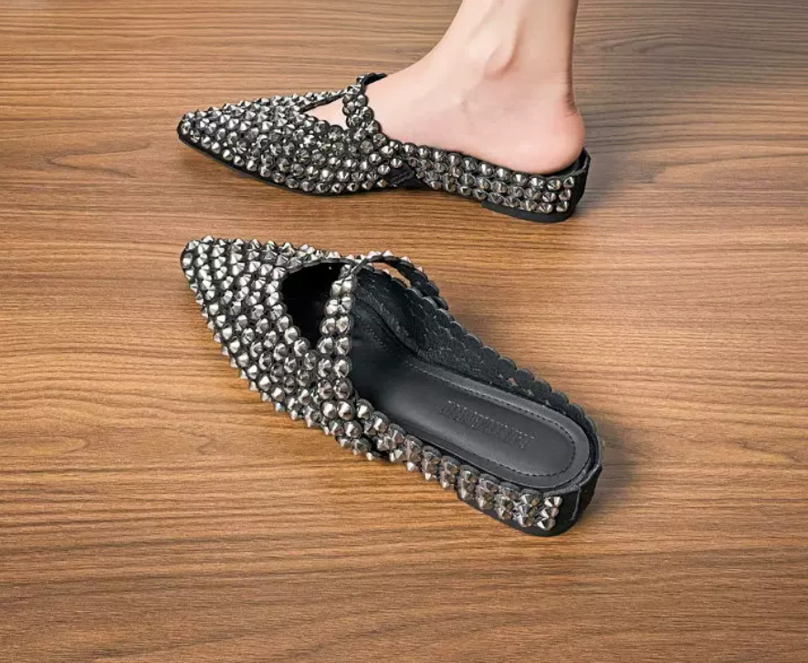 Luxury Crystal Embellished Pointed Toe Mules – Rhinestone Slip-On Evening Shoes for Women
