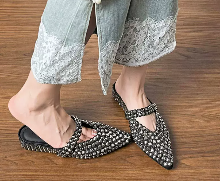 Luxury Crystal Embellished Pointed Toe Mules – Rhinestone Slip-On Evening Shoes for Women