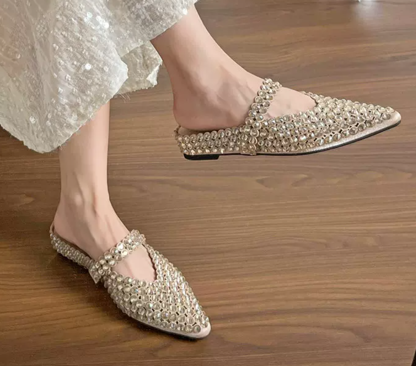 Luxury Crystal Embellished Pointed Toe Mules – Rhinestone Slip-On Evening Shoes for Women