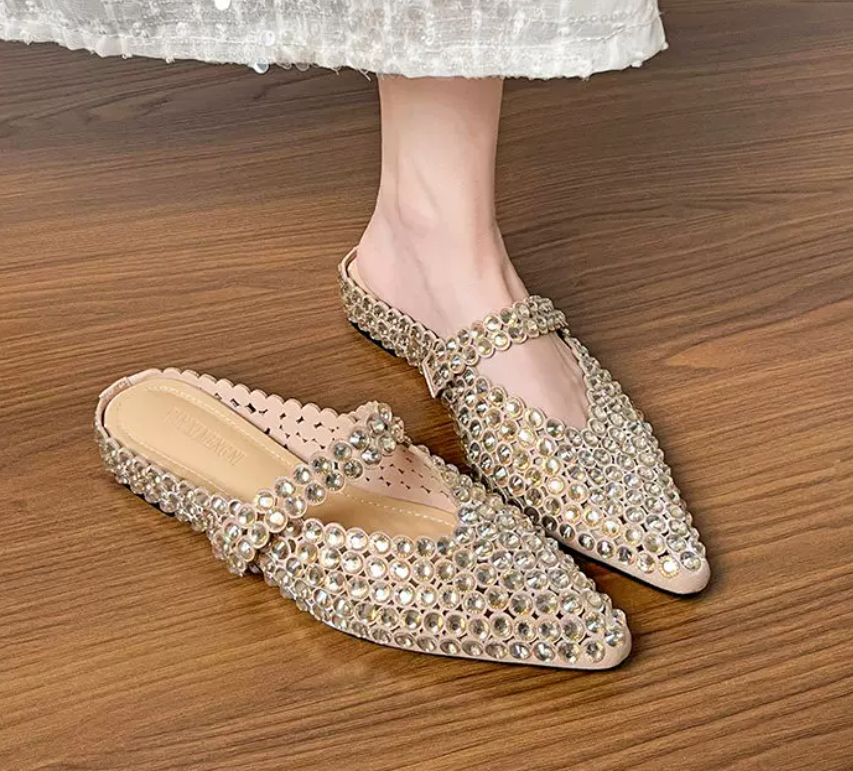 Luxury Crystal Embellished Pointed Toe Mules – Rhinestone Slip-On Evening Shoes for Women