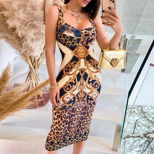 Vintage Print Sleeveless Bodycon Dress