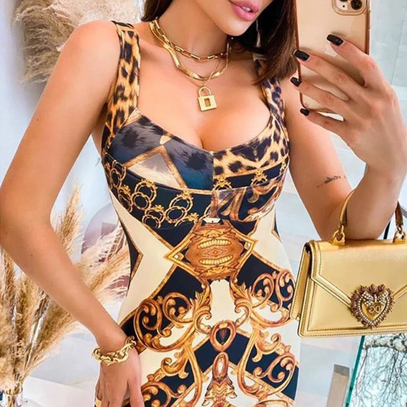 Vintage Print Sleeveless Bodycon Dress