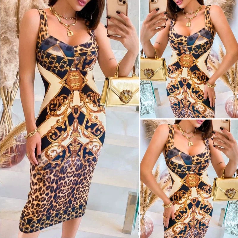 Vintage Print Sleeveless Bodycon Dress