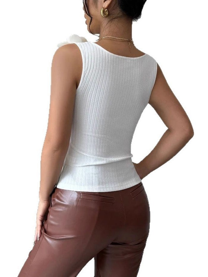 Ribbed Top with 3D Floral Appliques
