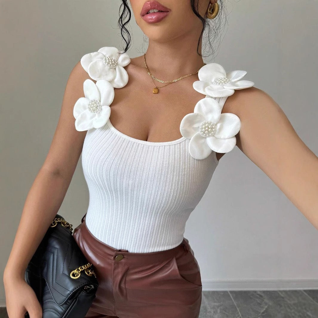 Ribbed Top with 3D Floral Appliques