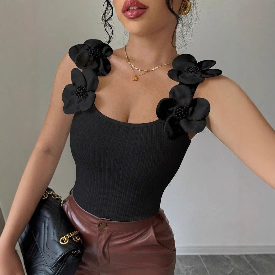 Ribbed Top with 3D Floral Appliques