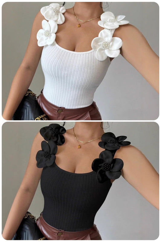 Ribbed Top with 3D Floral Appliques