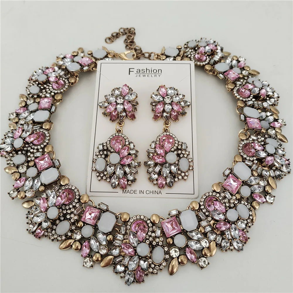 Crystal Rhinestones Large Collar Choker Necklace Earrings Jewelry Sets