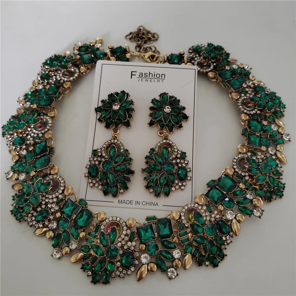 Crystal Rhinestones Large Collar Choker Necklace Earrings Jewelry Sets