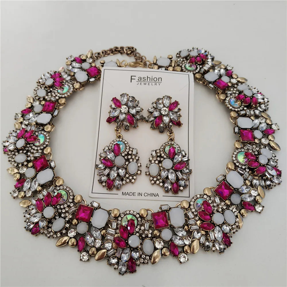 Crystal Rhinestones Large Collar Choker Necklace Earrings Jewelry Sets